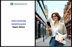 Female UK influencer holding a smartphone outside a modern bank building with a British house and “Sold” sign in the background.