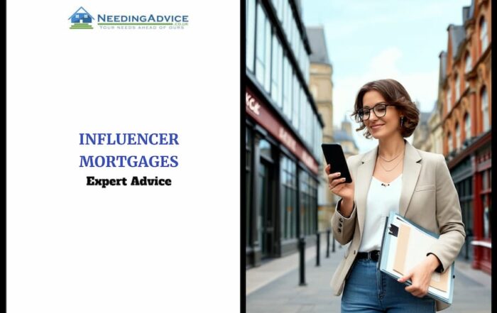 Female UK influencer holding a smartphone outside a modern bank building with a British house and “Sold” sign in the background.