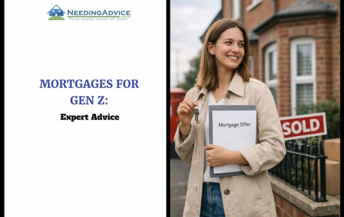 Gen Z first-time buyer standing outside a red-brick UK home holding keys and a folder, with moving boxes and a potted plant by the front door.