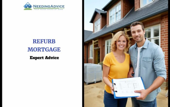 Couple outside a UK house under renovation holding plans, representing a refurb mortgage.