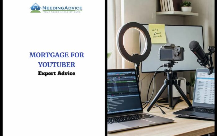 Small UK home office with ring light, camera tripod, microphone, editing laptop and budget spreadsheet, plus sticky note reading “AIP / Deposit / Accounts” in natural daylight.