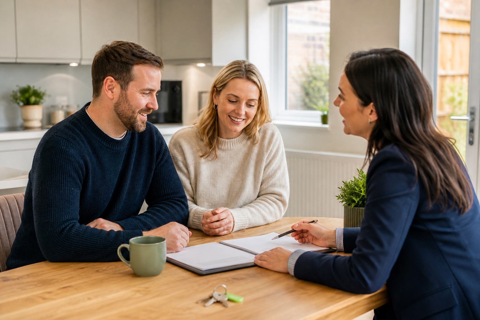 Couple discussing mortgage options with a UK mortgage adviser