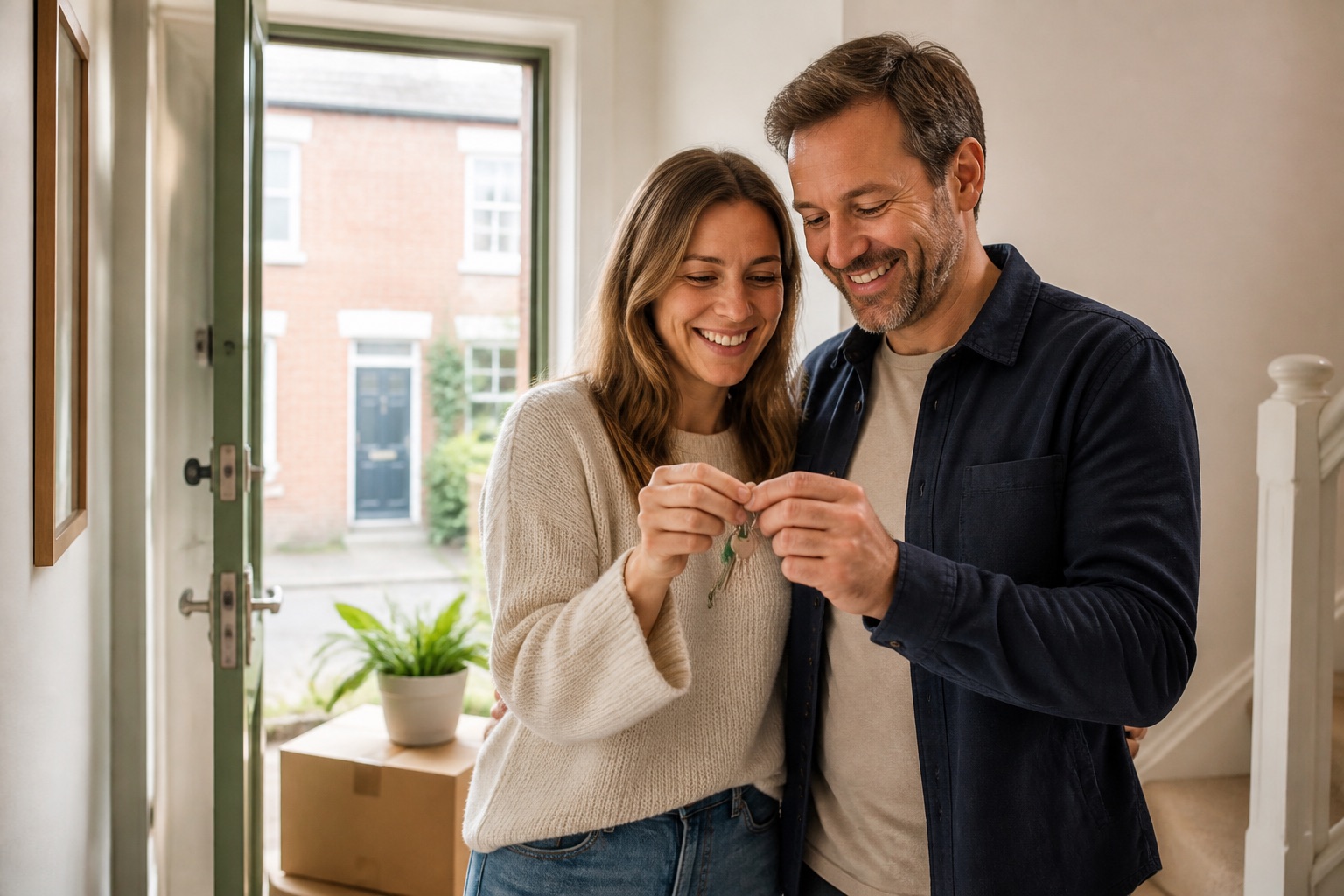 Happy couple holding the keys to their new home