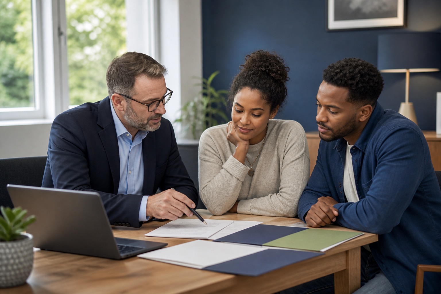 Mortgage adviser comparing whole-of-market lender options with a couple