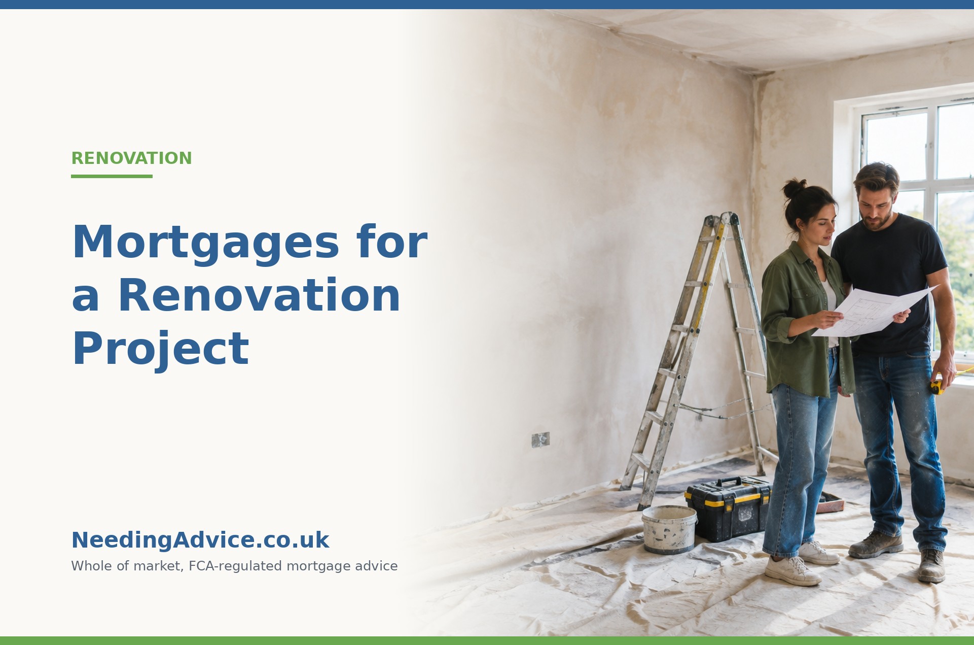 Couple reviewing plans inside a British house undergoing renovation
