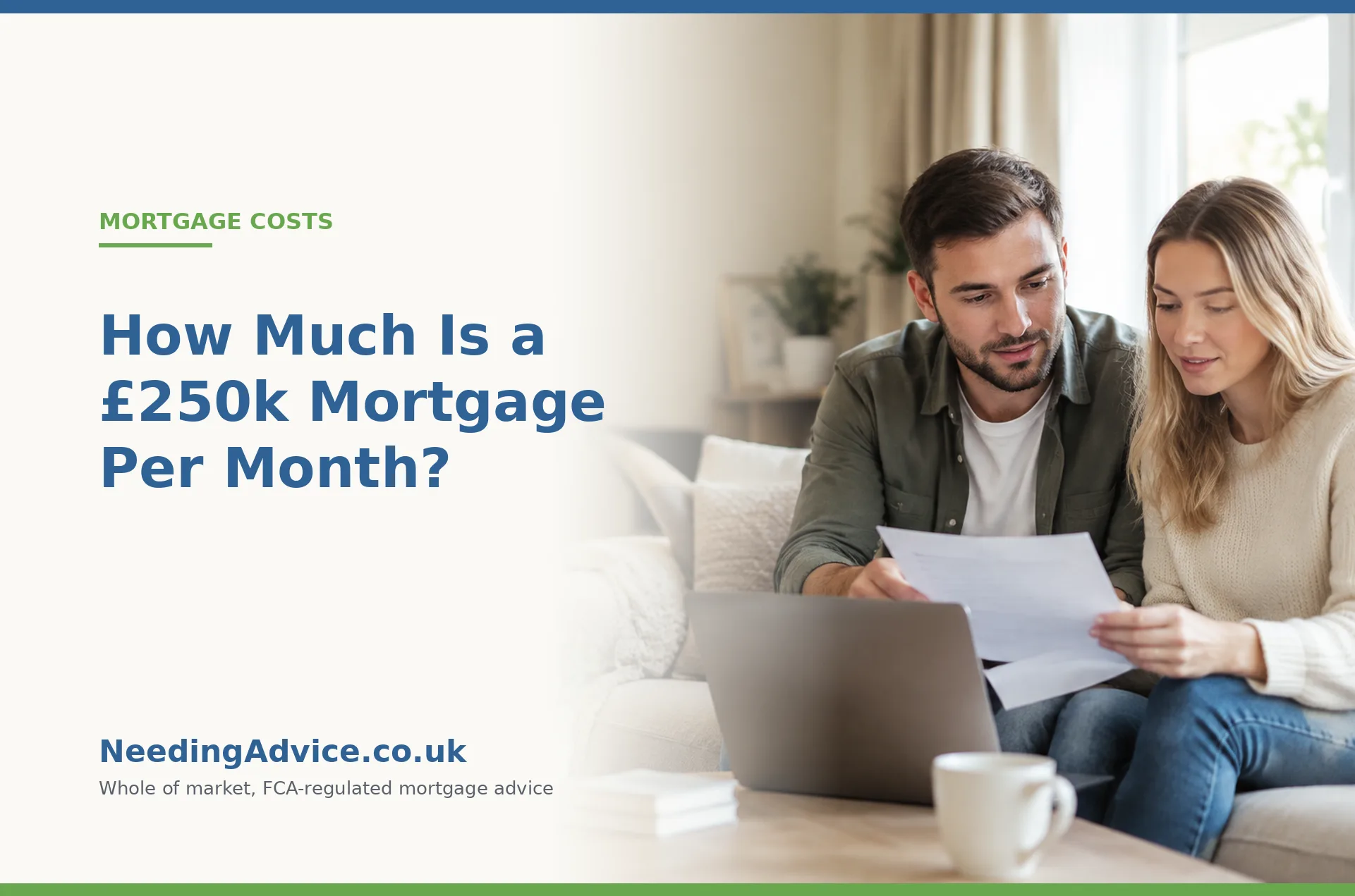 Couple on a sofa reviewing the monthly repayments on a £250,000 mortgage