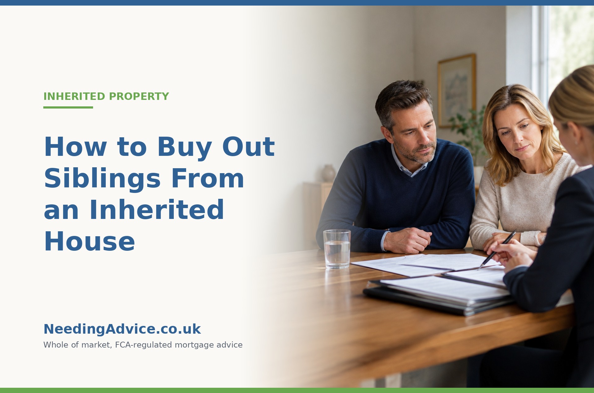 Siblings and a solicitor reviewing estate documents to buy out a share of an inherited house