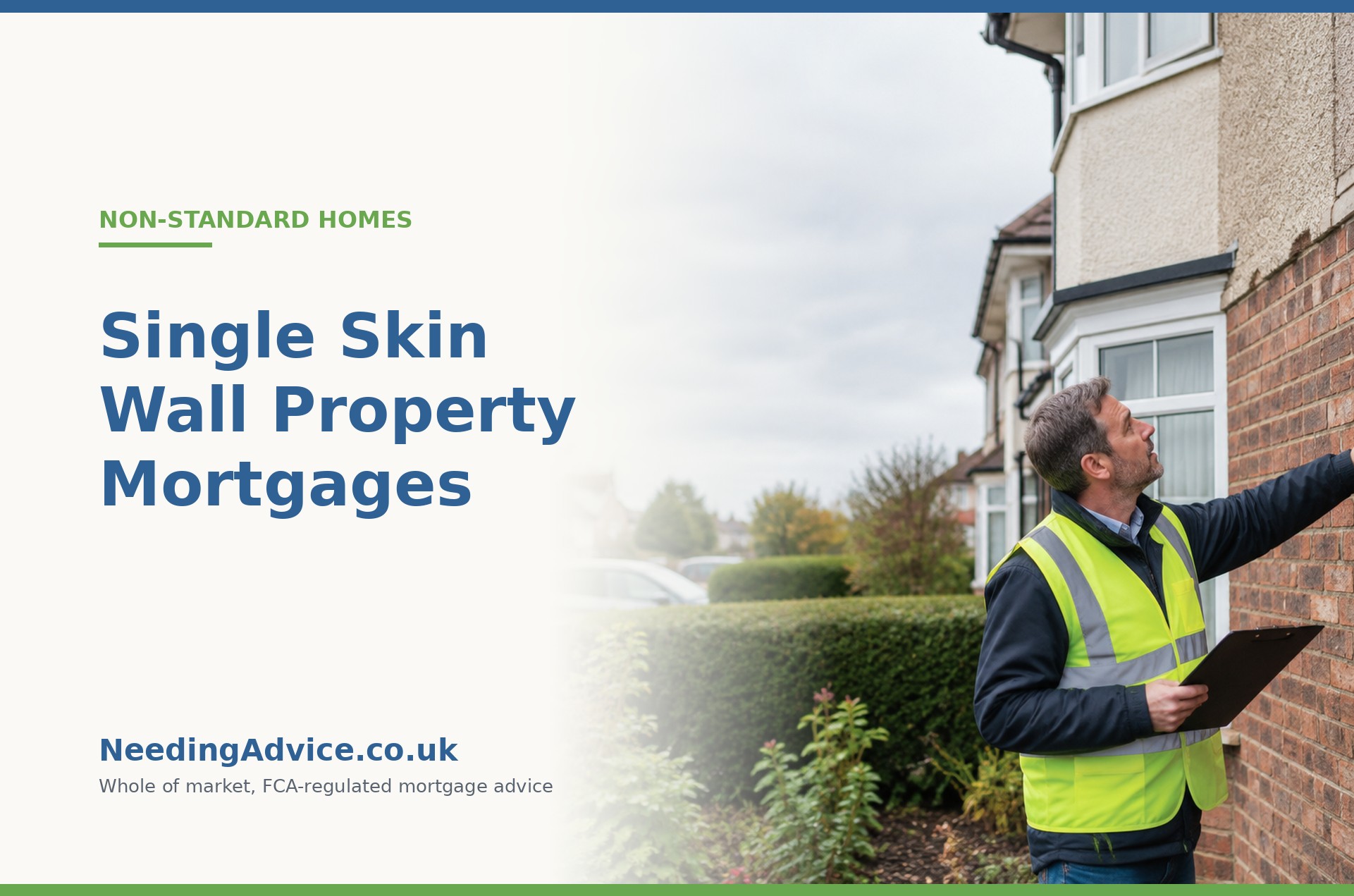 Surveyor examining a single skin wall property exterior for mortgage lending